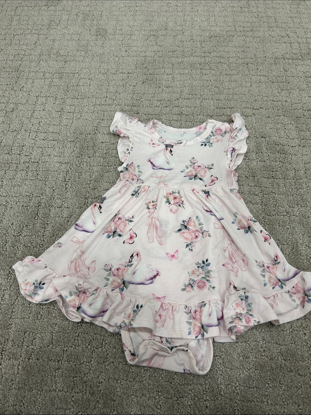 Posh Peanut Pink and White Swan & Floral Ruffle Dress